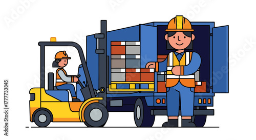 Logistic Crew Delivering Package Using Forklift and Truck on Black Background Vector