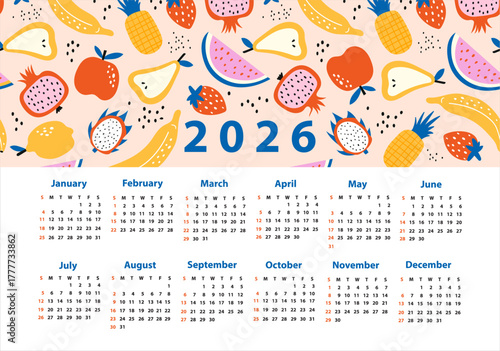 Calendar 2026 starting from Sunday. Vector