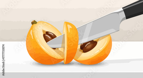 Loquat Fruit Being Sliced with a Sharp Knife on a White Surface Illustration