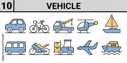 Collection of colorful flat design icons representing various modes of transportation and vehicles on a white background