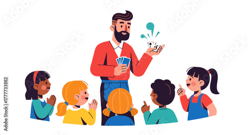 Magician Entertains Children With Cards And A Mysterious Appearance Of A Dice