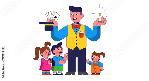 Magician Performing Card Tricks For Enraptured Children, A Fun And Magical Scene