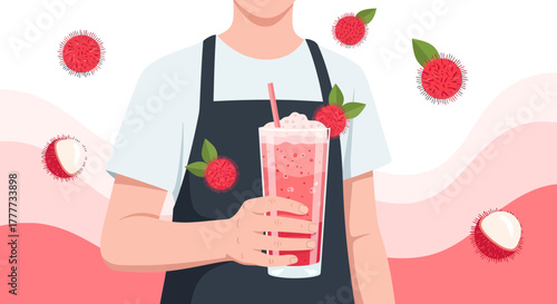 Lychee Smoothie Illustration: Bartender Holding Refreshing Beverage In Vibrant Digital Art