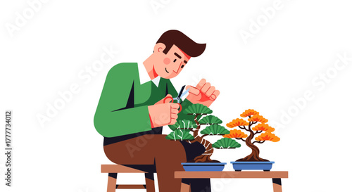 Man Crafting Bonsai Trees with Clippers on a Table in a Calm Environment