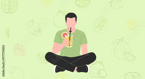 Man Drinks Citrus Beverage While Seated Amongst Fruit Illustrations in a Meditative Relaxation