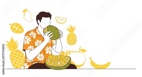Man Eating A Jackfruit And Tropical Fruits, Vector Illustration, Isolated on White Background