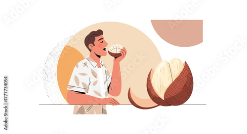 Man Enjoying Exotic Fruit Illustration with Appealing Colors And Modern Design