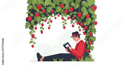 Man Enjoying Leisure Time Reading Book Underneath Lush Raspberry Bush In Summer