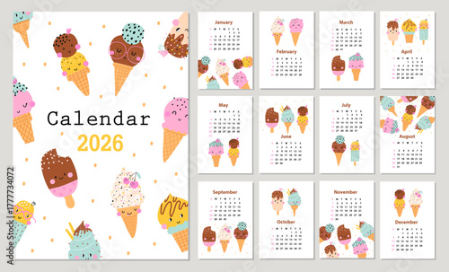 Calendar 2026 with ice cream. Hand drawn vector
