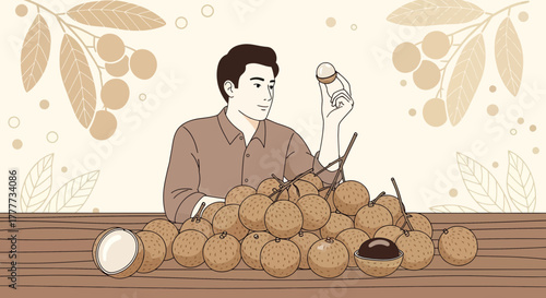 Man Examining Freshly Harvested Longan Fruits Ready for Consumption and Culinary Exploration