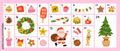 Christmas advent calendar with cute festive icons, Santa, tree, wreath, gifts, ornaments, sweets, cookies, candles, and decorations. Flat cartoon vector illustration for winter holiday design.