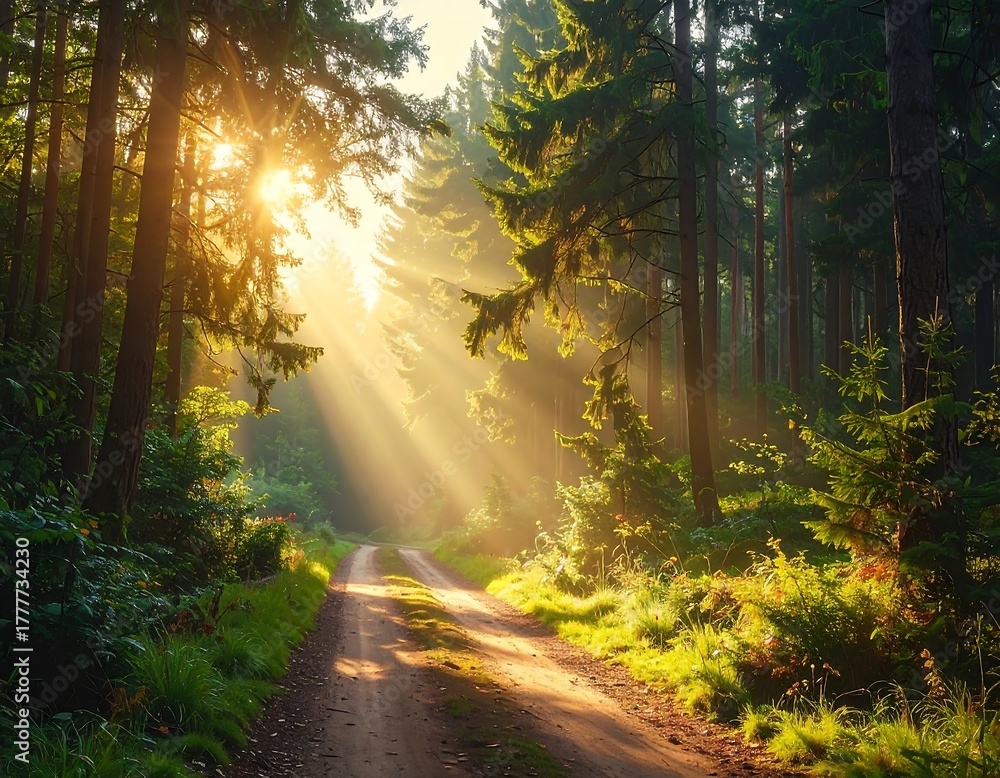 Obraz premium A sun-drenched forest path is framed by towering evergreen trees, bathed in golden light that streams through the canopy