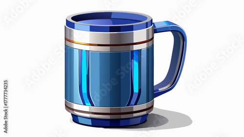 Very beautiful stainless steel and blue insulated mug placed elegantly on a clean white background, showcasing modern minimalist design, smooth metallic finish, and functional elegance in lifestyle pr