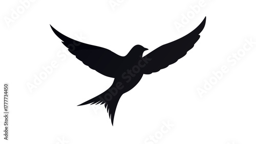 Flying bird silhouette spread wings in the sky, elegant minimalist shape, representing freedom, peace, and motion, isolated on clean background. vector icon