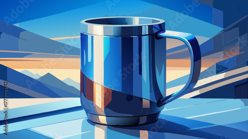 Very beautiful stainless steel and blue insulated mug placed elegantly on a clean white background, showcasing modern minimalist design, smooth metallic finish, and functional elegance in lifestyle pr