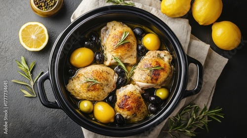 Moroccan Chicken Tagine in a Black Pot with Olives and Lemons