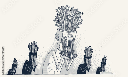 Mobile phone internet addiction, vector illustration of addicted man holding a phone with worms growing from it, brain damaging and degradation.