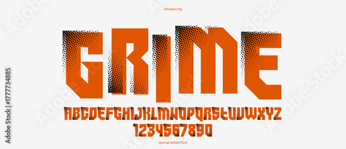 Halftone dotted futuristic cyberpunk font for logos and posters, vector brutal industrial typeface alphabet letters and numbers, urban technic future typography.