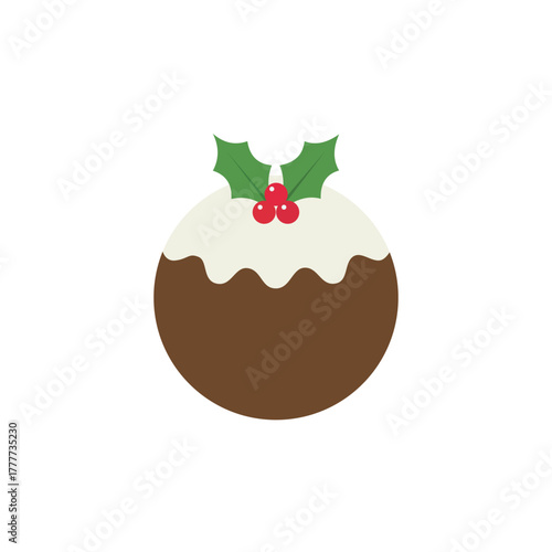 Traditional Christmas Pudding Icon Topped with Holly Berries and Icing, Ideal for Holiday Dessert Graphics, Festive Season Celebrations, and Sweet Food Themes.