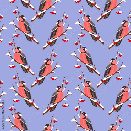 Winter seamless pattern with  bird bullfinches and red berries on snowy branches. Great for festive fabric, wrapping paper and Christmas design.