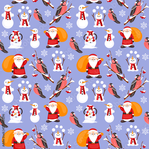 Cute festive pattern with Santa, snowmen, gingerbread man and bullfinches. Perfect for Christmas wrapping paper, fabric and holiday design.