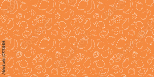 Fruit seamless pattern in line art style on orange background. Design for wrapping paper, textile, grocery store wallpaper.