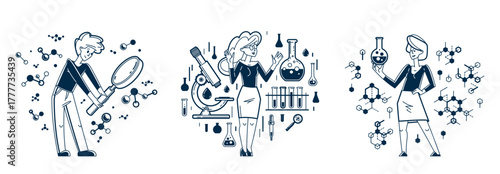 Scientist discovering science theory and making experiments vector outline illustration set, theoretical science research or invention, education learning university.
