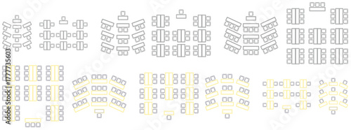 High-quality Design for seat plan, theater, restaurant, seminar, school, conference, wedding, reception, banquet top view, Chair and table, architectural plan with blueprint, customizable stroke
