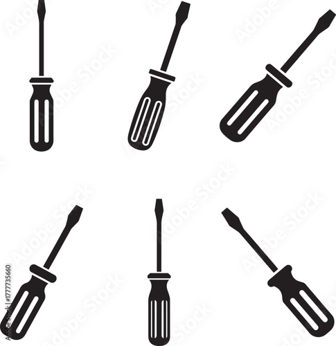 Collection of black solid silhouette icons of screwdrivers in different orientations