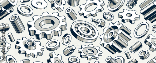 Gears and cogs seamless background, vector mechanical engineering endless wallpaper, fix and repair theme tiling pattern, elements can be used separately.