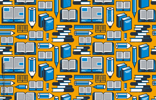 Books and reading seamless background, literature and library vector endless repeat wallpaper, education and documentary read.