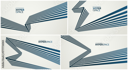 Lines in space perspective vector abstract background set, optical illusion surreal art, aggressive shapes and speed feeling, dynamic forceful motion, op art.