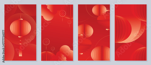 Red Chinese New Year 2026 poster vector set with golden lanterns, firework sparkles and geometric patterns for festive greeting cards, banners and luxury print decoration