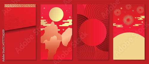 Red Chinese New Year 2026 poster vector set with golden lanterns, firework sparkles and geometric patterns for festive greeting cards, banners and luxury print decoration
