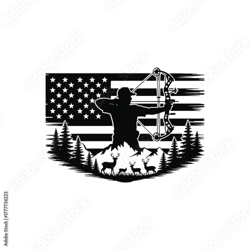 Archer silhouette aiming bow and arrow against distressed american flag and forest scene