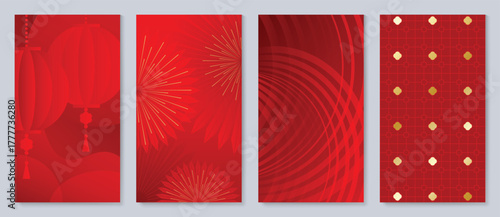 Red Chinese New Year 2026 poster vector set with golden lanterns, firework sparkles and geometric patterns for festive greeting cards, banners and luxury print decoration