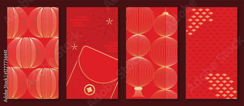 Red Chinese New Year 2026 poster vector set with golden lanterns, firework sparkles and geometric patterns for festive greeting cards, banners and luxury print decoration