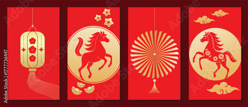 Red and gold Chinese New Year 2026 poster vector set with horse silhouette, abstract waves, circular patterns and hanging lanterns for luxury festive design, greeting cards and print media
