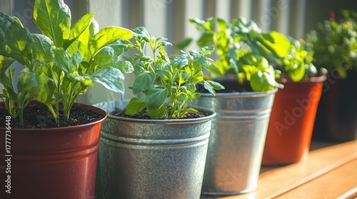 Young green plants growing in metal repurposed containers