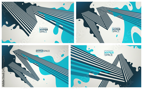 Blast of exploding lava over parallel lines in perspective vector abstract background set, concept of order converting to chaos as entropy is rising, surreal fluid splash.