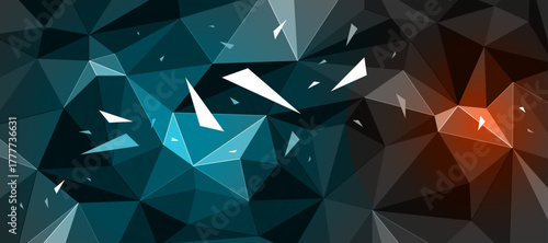 Dark black polygonal abstract background with color hot spotlights, 3D triangular surface and flying debris particles in motion, explosion force abstraction.