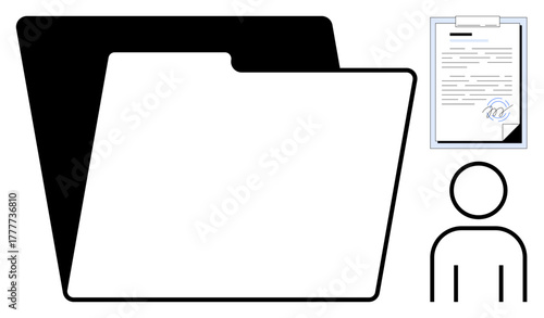 Open folder with signed document and person icon representing organization, filing, and administration. Ideal for business, storage, office, workflow, management, contract simple flat metaphor