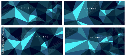 Diamond crystal dark polygonal vector abstract background set, 3D low poly black blue abstraction, triangular structure gemstone wallpaper, luxury theme.