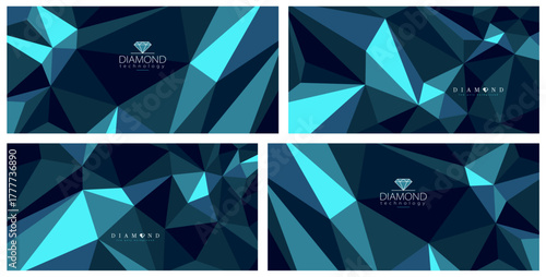 Diamond surface dark vector abstract background set, 3D low poly crystal abstraction, luxury style gem blue color backdrop, polygonal abstract structure.