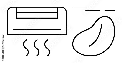 Air conditioner emitting cool breeze next to a bean-thumbs up organic shape. Ideal for cooling, air quality, energy efficiency, summer comfort, minimalism, technology, environmental care. Simple flat