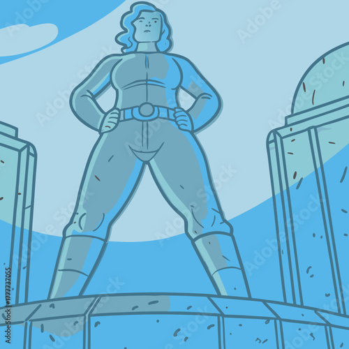 Strong female silhouette standing heroically, confident and powerful, against a blue sky backdrop