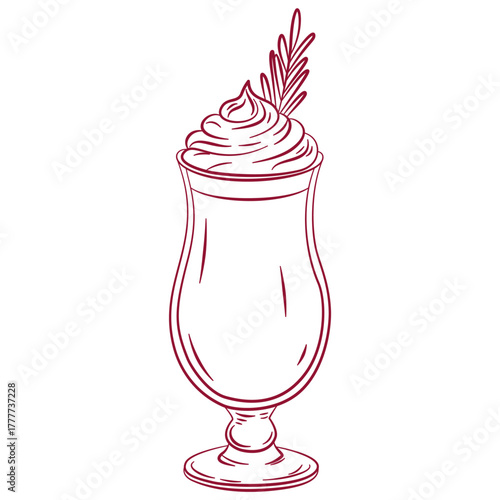 Christmas latte glass with creamy and rosemary. Glass for Xmas, New year or winter holidays. Vector line art winter warming drink. Glass of latte with cream on top