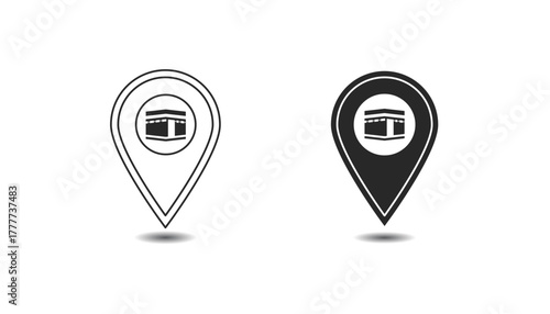 This is a location pin icon with a drawing of the Kaaba inside it. It marks the direction or position of the holy site in Mecca.