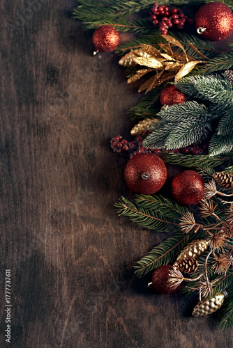 An arrangement of natural spruce and fir with Christmas balls. Top view. Copy space. Christmas design