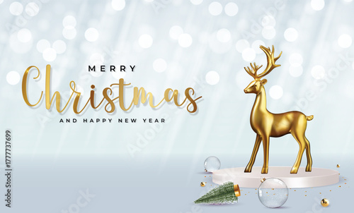 Golden Reindeer Statue with Festive Christmas Theme Against Sparkling Snowy Background — Elegant Holiday Decoration for Greeting Cards, Winter Celebration, and Seasonal Design